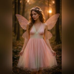 Fairycore Ethereal Pink Glitter Ombre Halter Dress L Tulle Balletcore Whimsical
